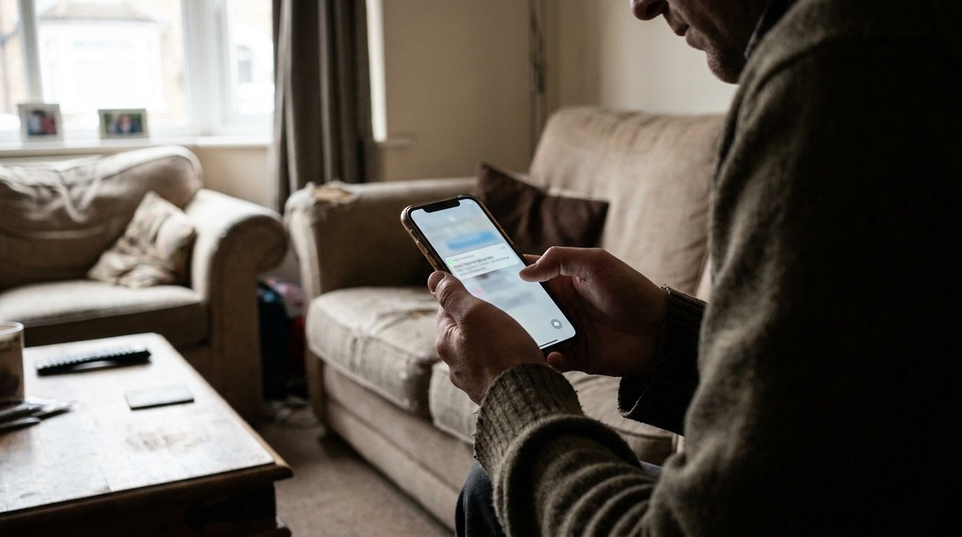Person looking warily at a suspicious message on a smartphone screen in a UK living room
