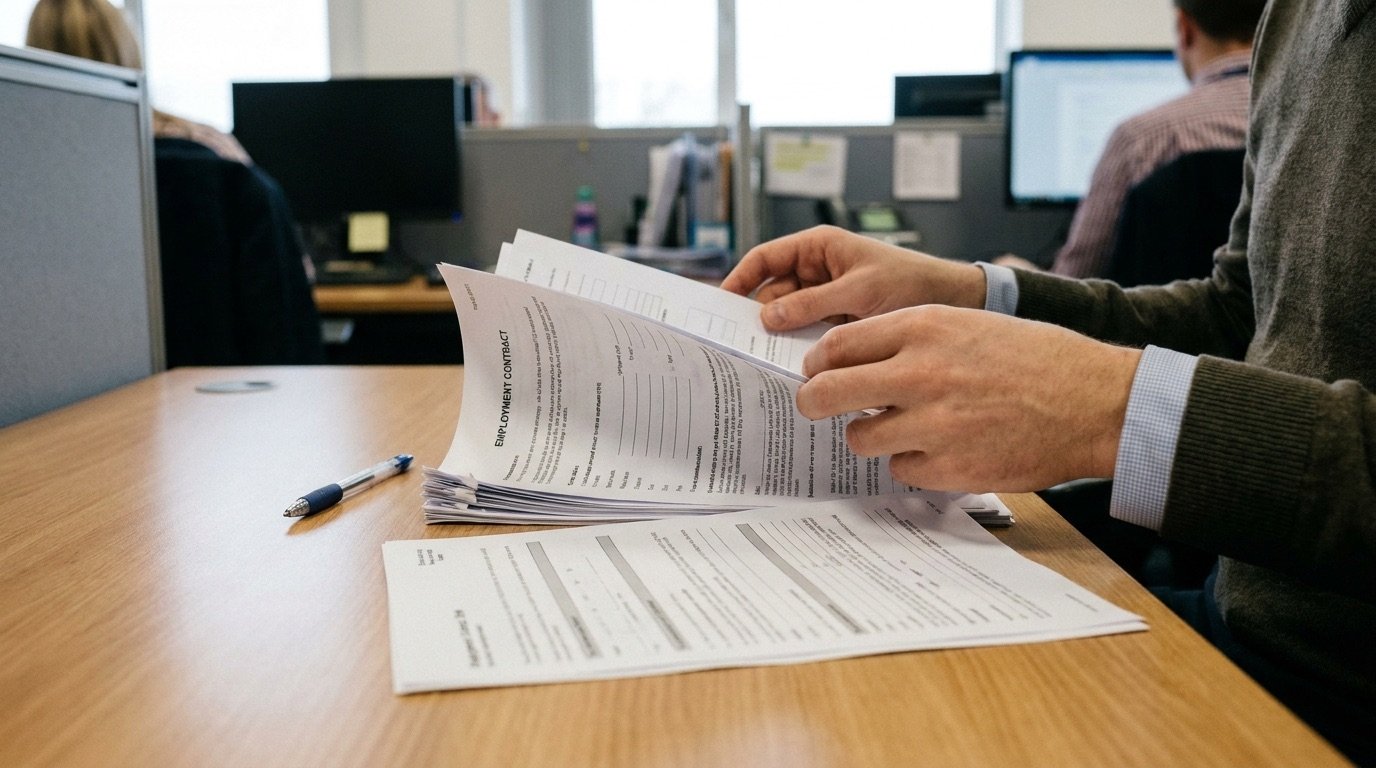 An office worker reviewing employment paperwork at a desk in a UK workplace