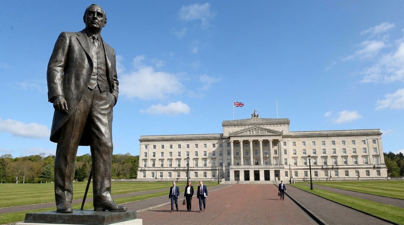 The Parliament Buildings at Stormont in Belfast on a clear day with the statue of Carson in the foreground