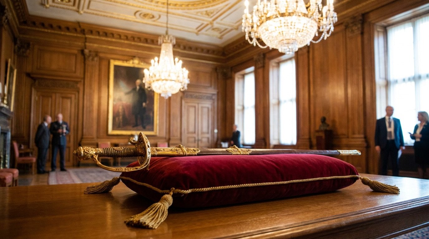 A sword resting on a velvet cushion in a grand state room with chandeliers