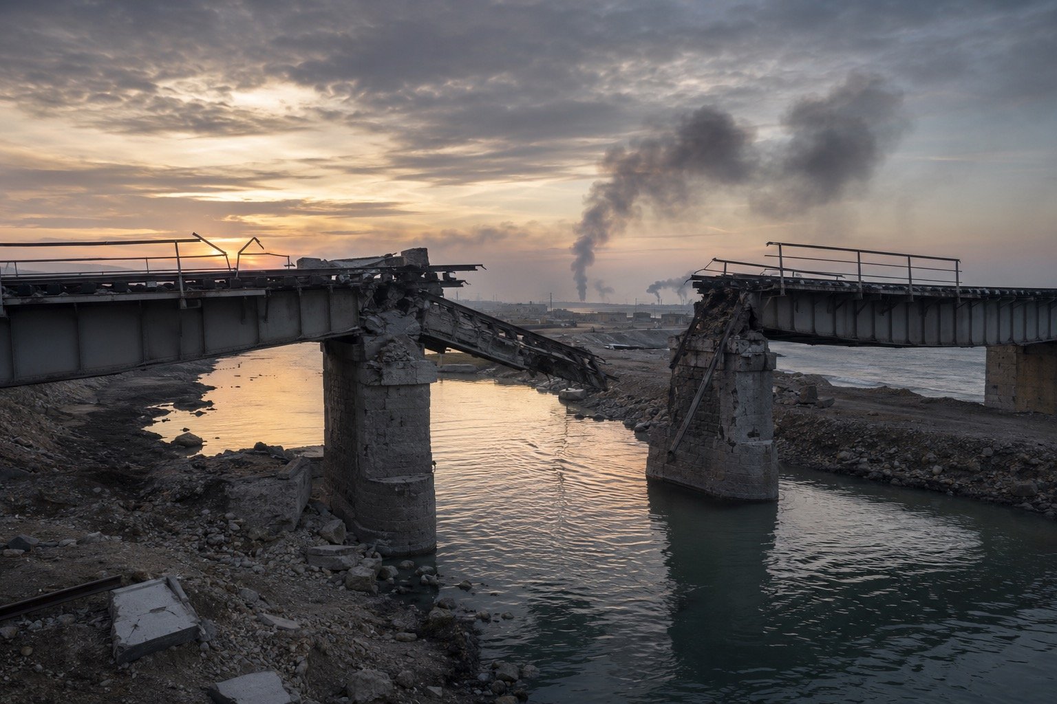 A damaged railway bridge over water in Russian-held Crimea