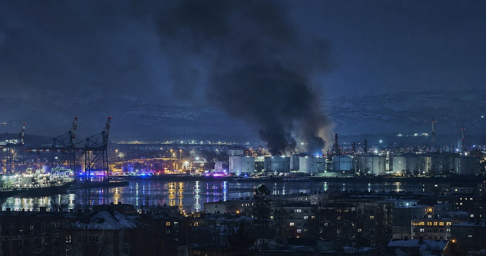 Industrial oil storage tanks at a terminal with smoke rising in the distance