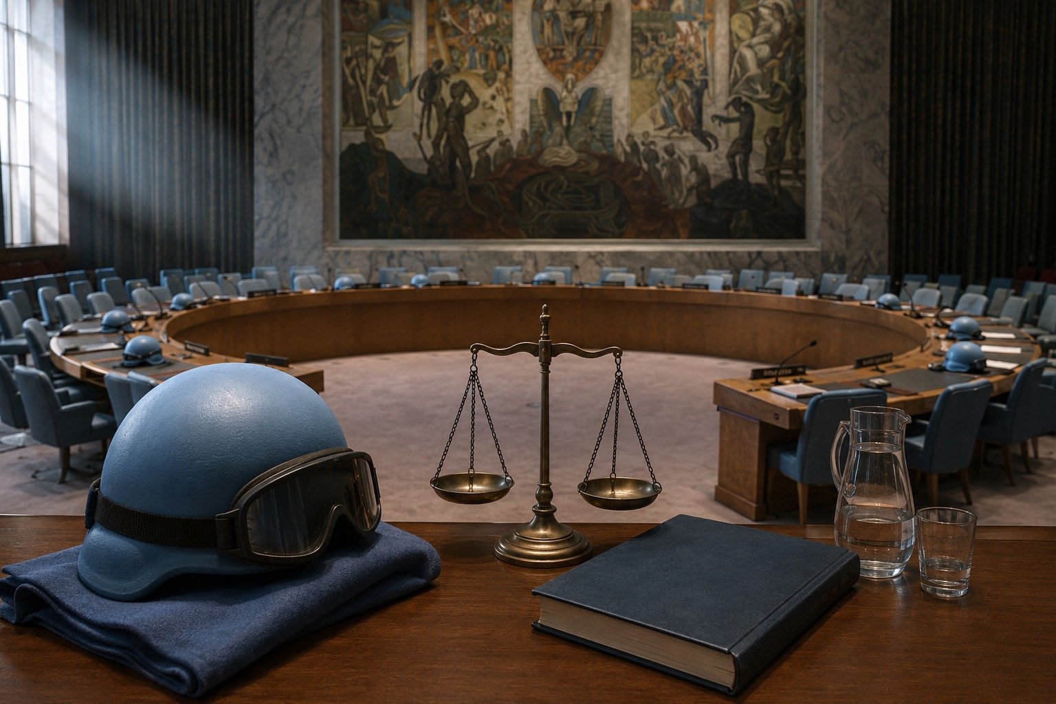 United Nations peacekeepers in blue helmets on patrol