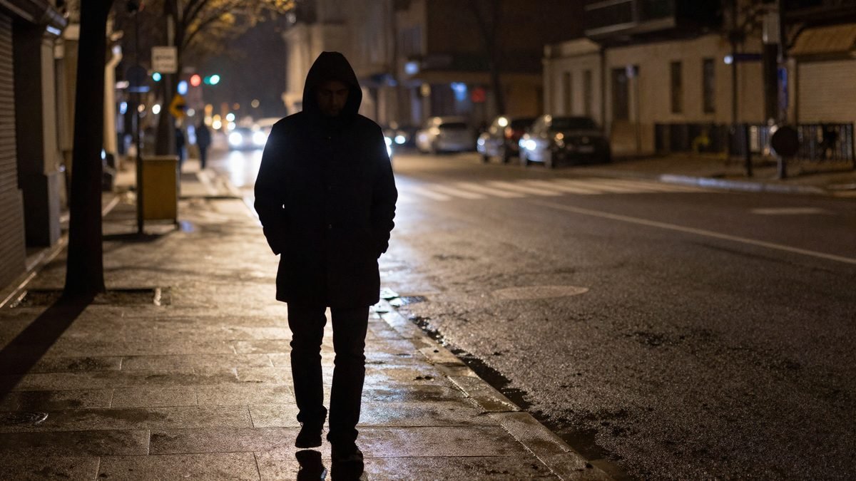 A shadowed figure in a hooded coat standing on a rainy city street at night under a streetlight