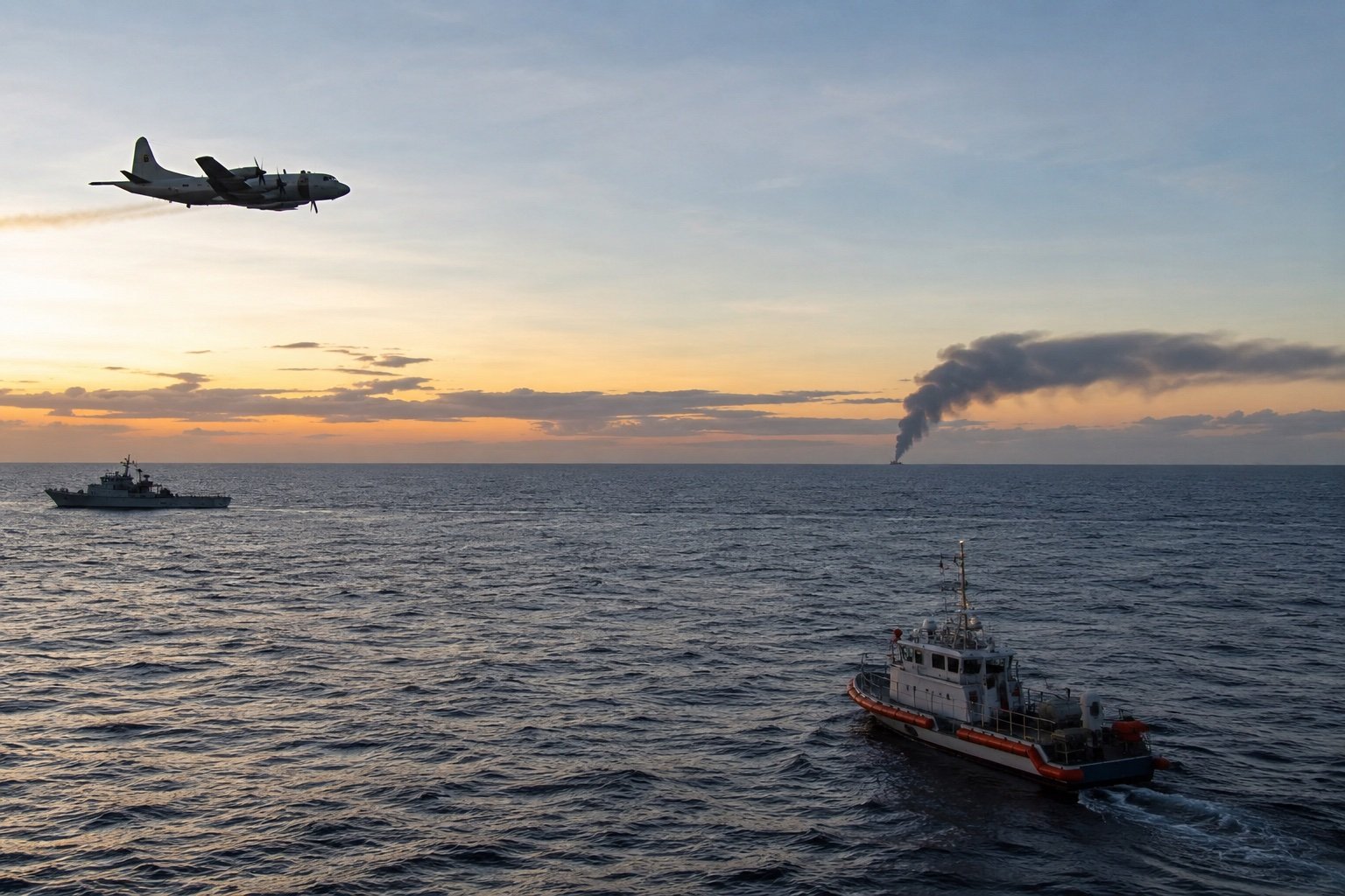A small open boat adrift on open ocean under a hazy sky, seen from a distance with no people or markings visible