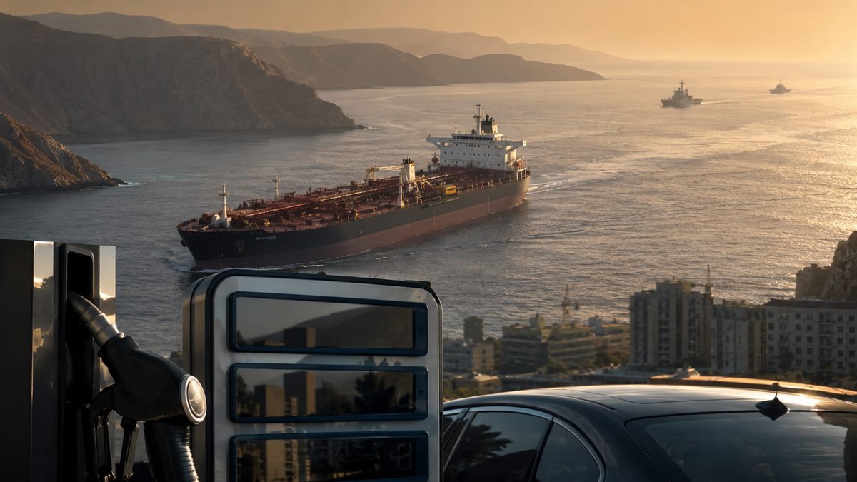 An oil tanker passes through a narrow strait between rocky headlands with warships on the horizon and a fuel pump in the foreground
