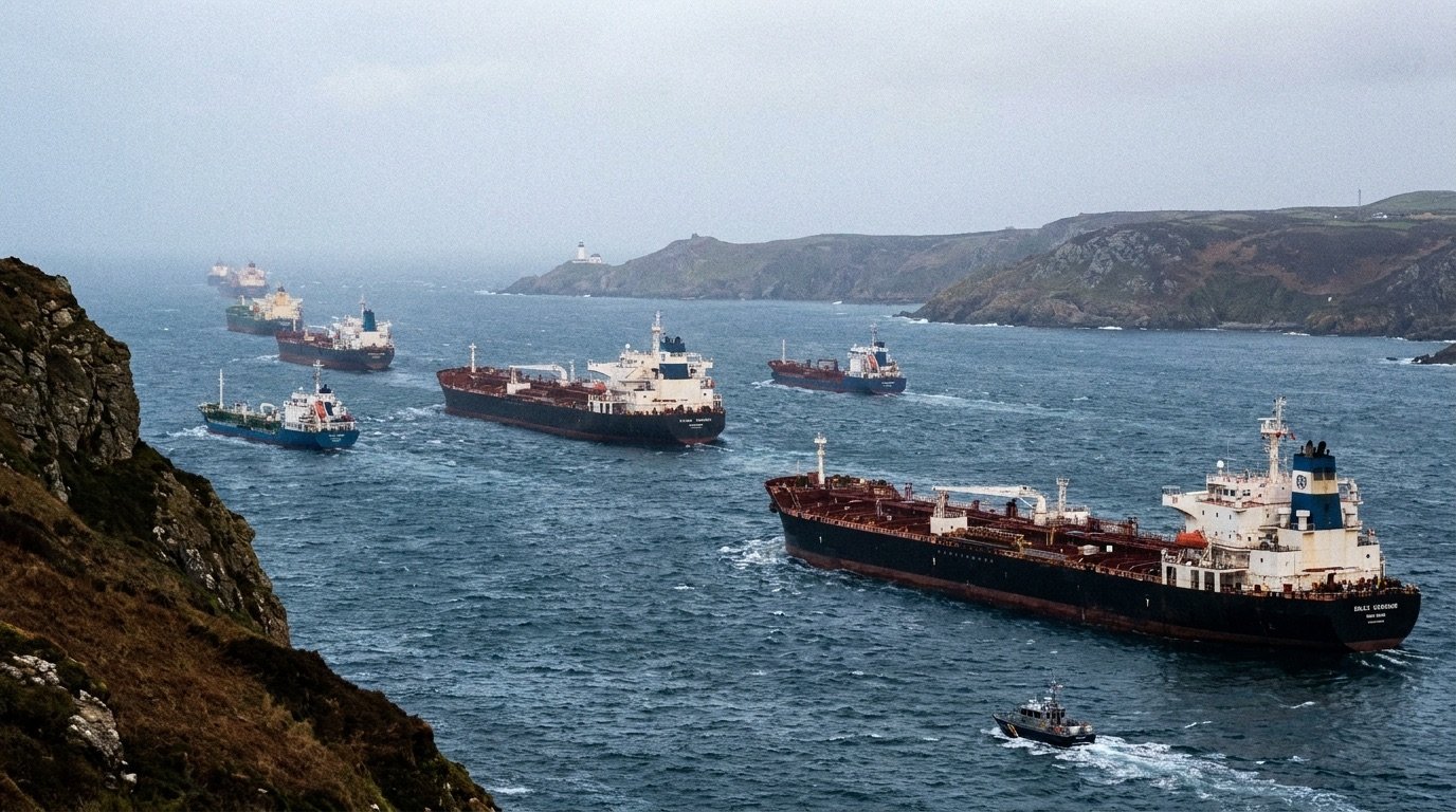 A busy shipping lane with oil tankers, representing a strategic maritime chokepoint