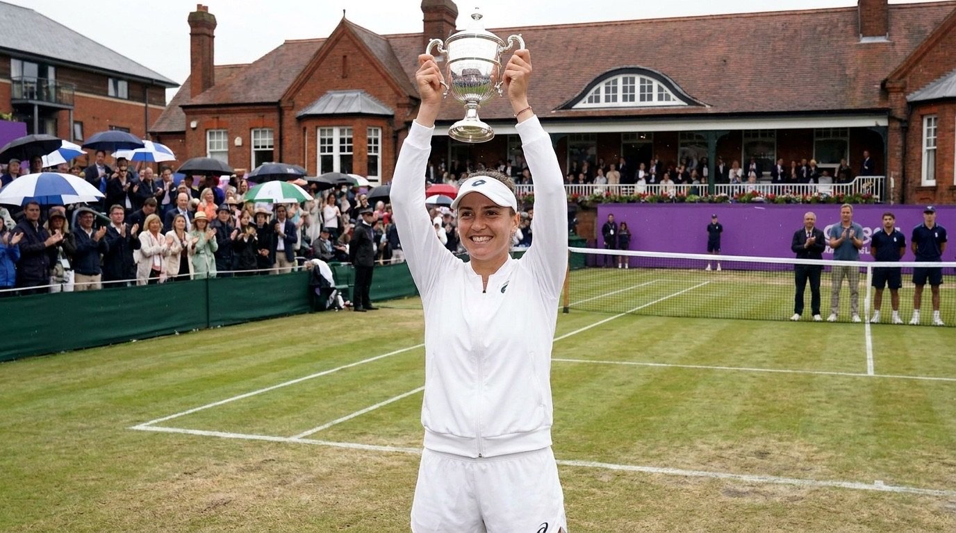 A women's tennis player raises the trophy on grass at Queen's Club in London