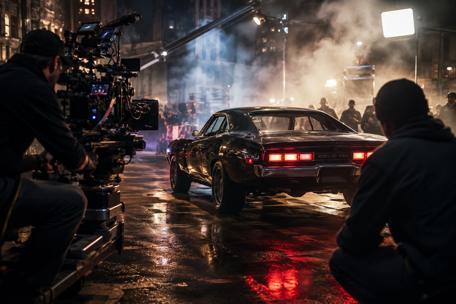 Muscle car on a film set evoking the Fast and Furious franchise in production