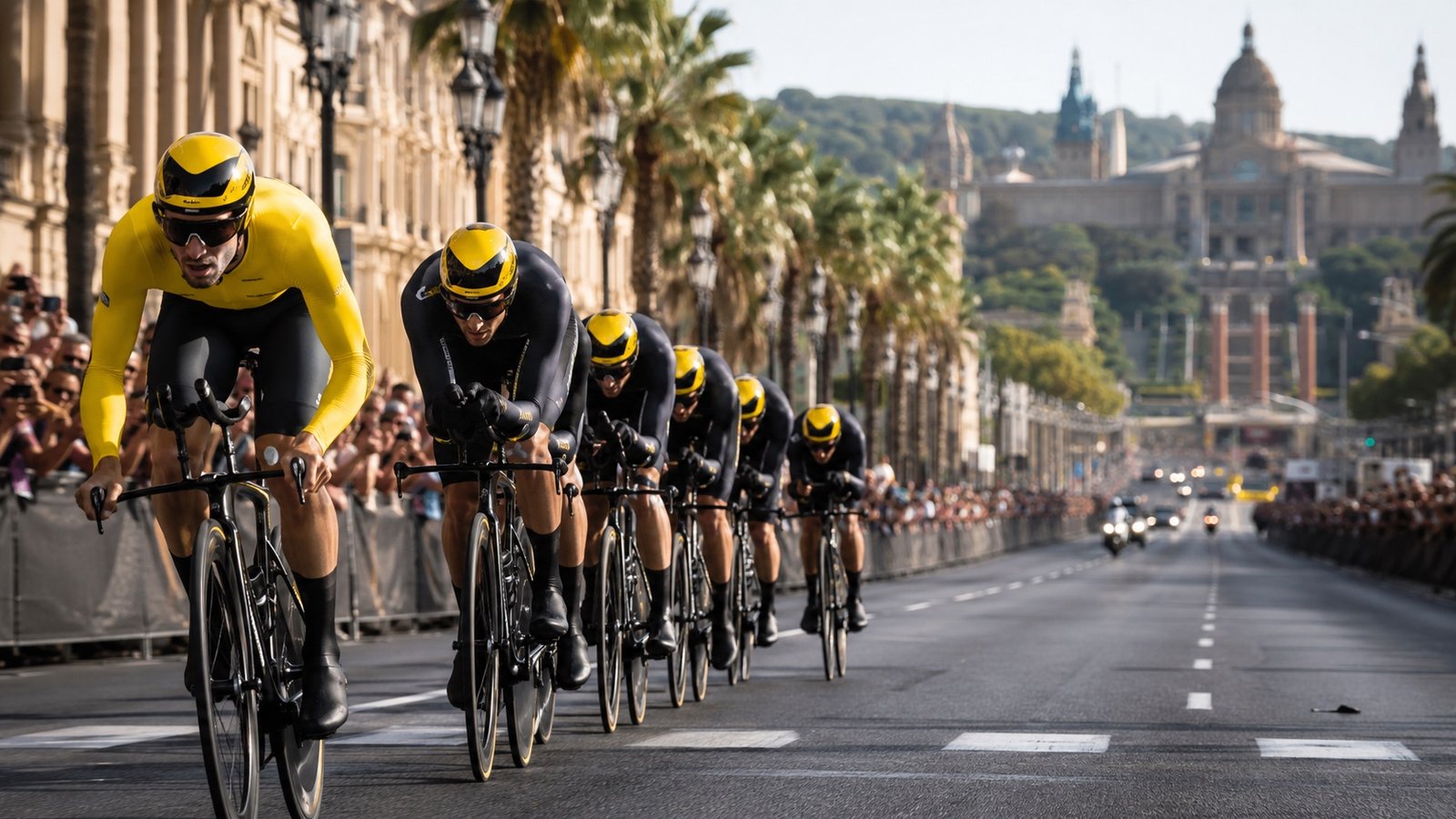 Cyclists in a team time trial formation at the Tour de France in Barcelona