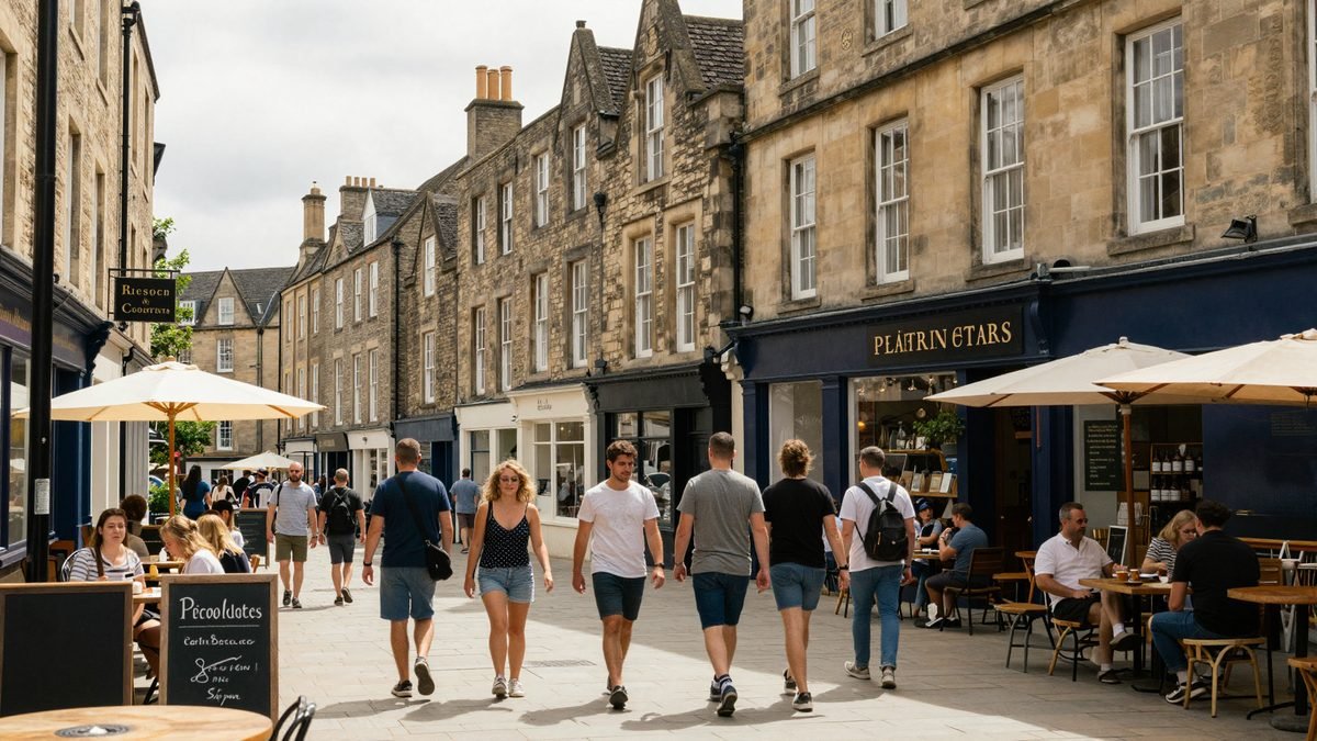 Tourists with cameras and bags walking through a busy historic English city centre in summer