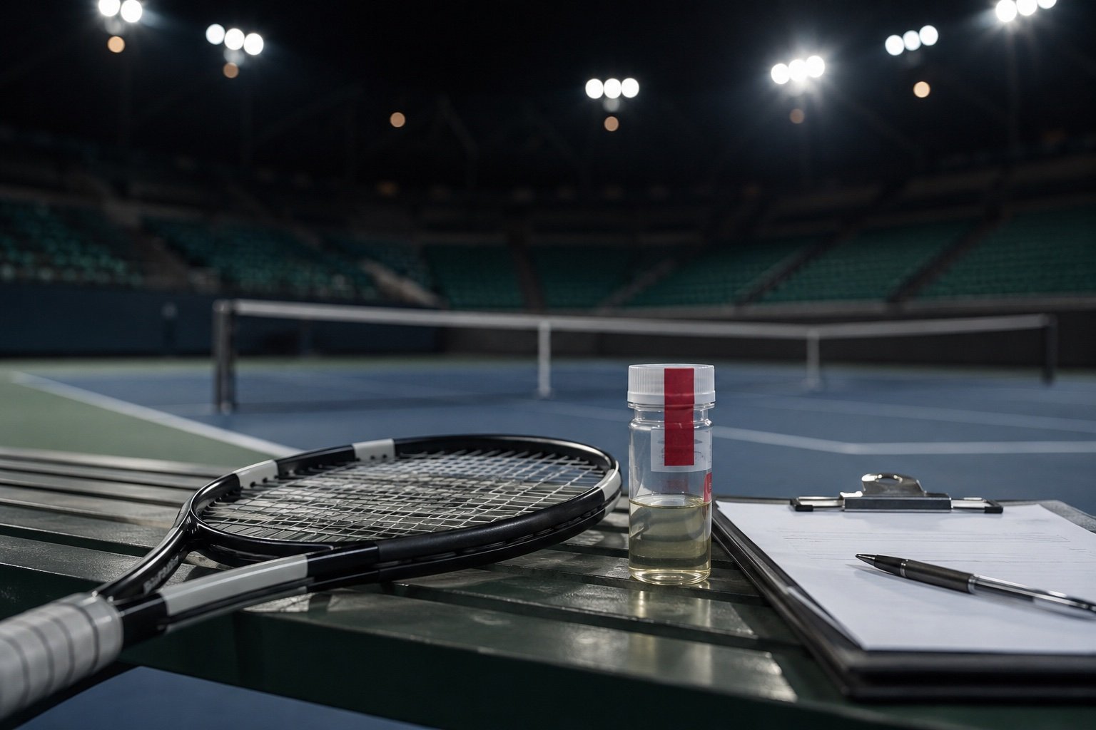 An empty grass tennis court with a net and baseline under soft daylight