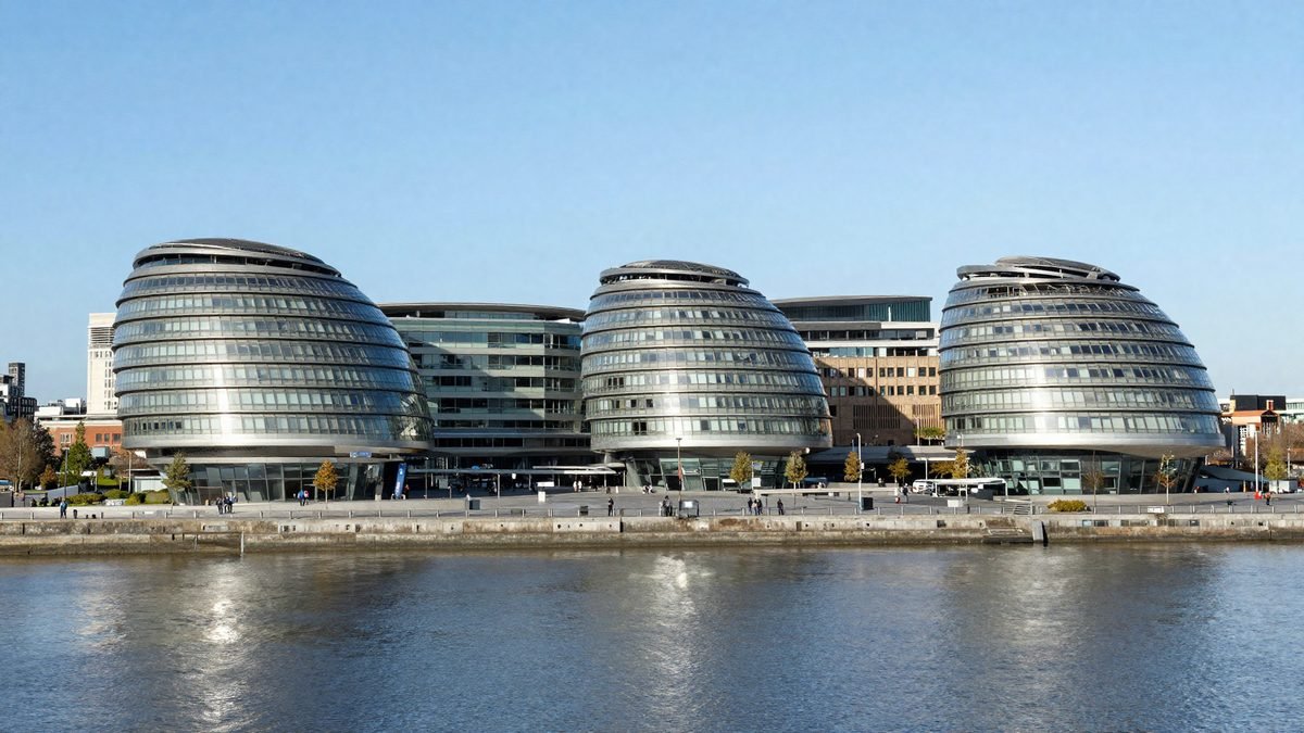 The Senedd building in Cardiff Bay, home of the Welsh Parliament, under a bright sky
