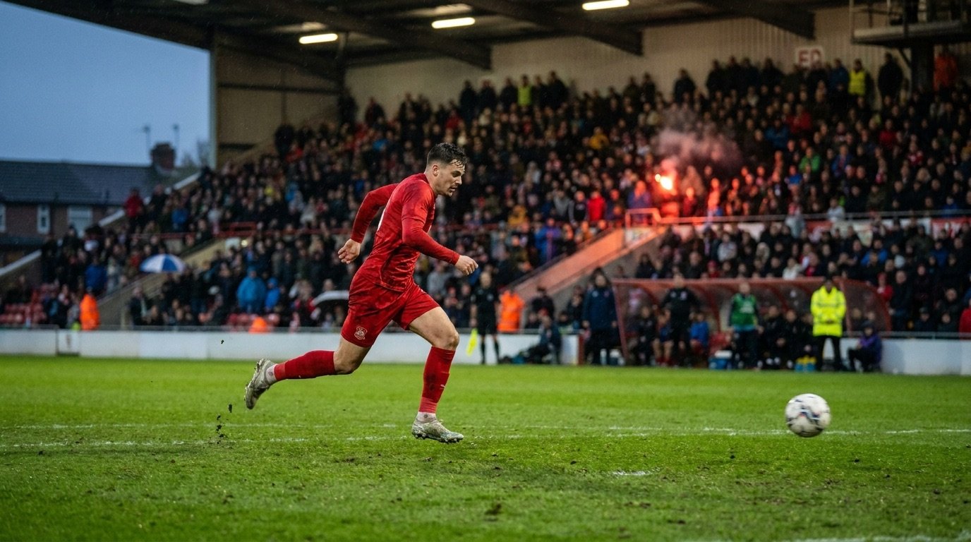 A football striker in a generic red kit chasing the ball during a packed evening stadium match
