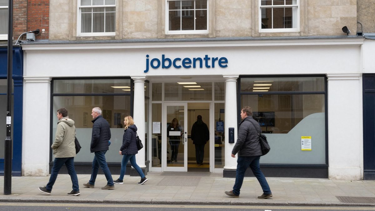 A jobcentre entrance on a British high street with people walking past on an overcast day