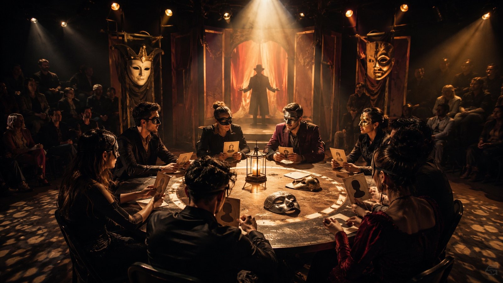 Theatrically lit immersive performance space set for an audience-participation werewolf game