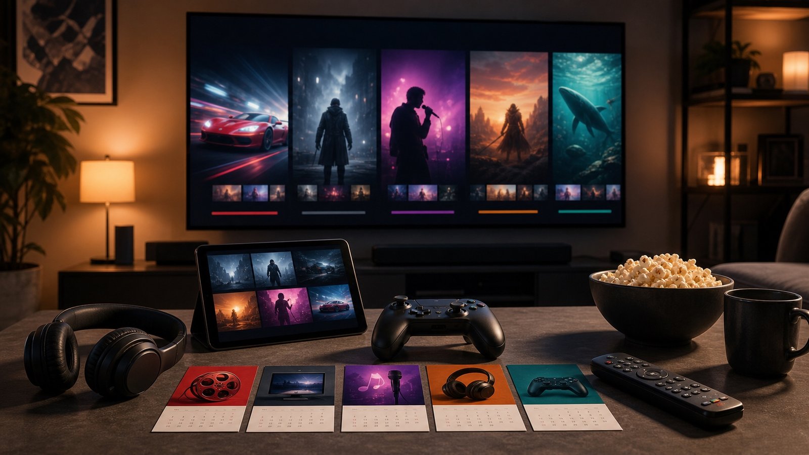 A modern home entertainment setup with screens, headphones, a controller and calendar cards