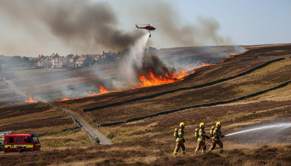 Firefighters and a water-dropping helicopter tackling a moorland wildfire near houses