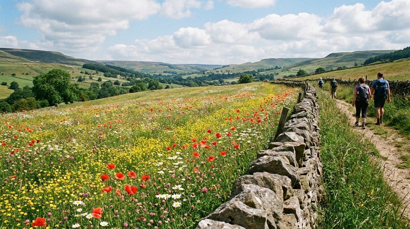 Wildflower meadow in an English national park under a summer sky