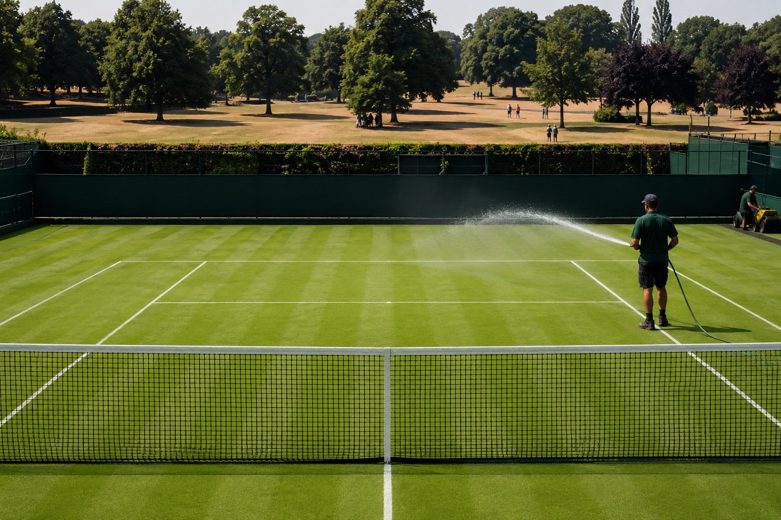 Pristine green grass court at Wimbledon contrasted with parched surroundings
