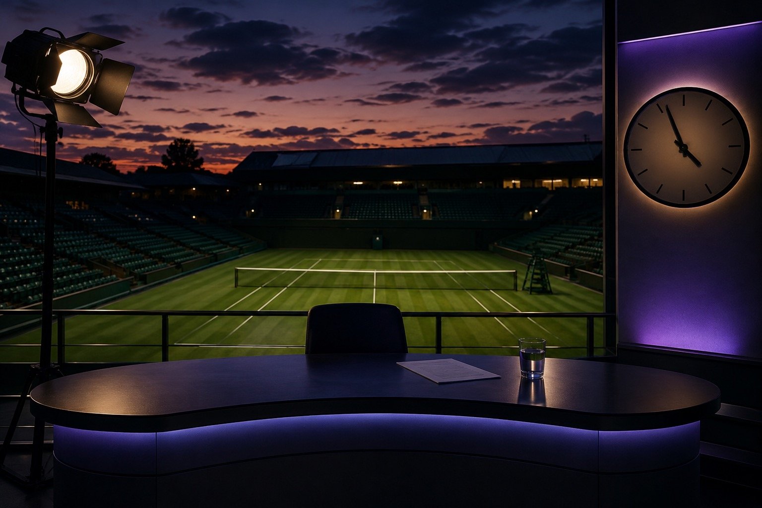 Television screen showing Wimbledon tennis highlights at night