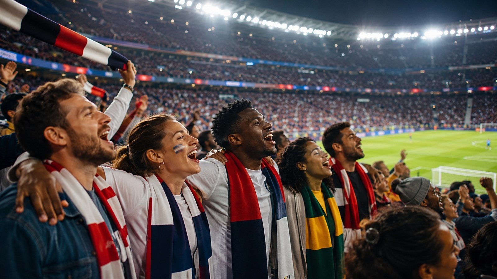 England football supporters singing together in a packed stadium crowd