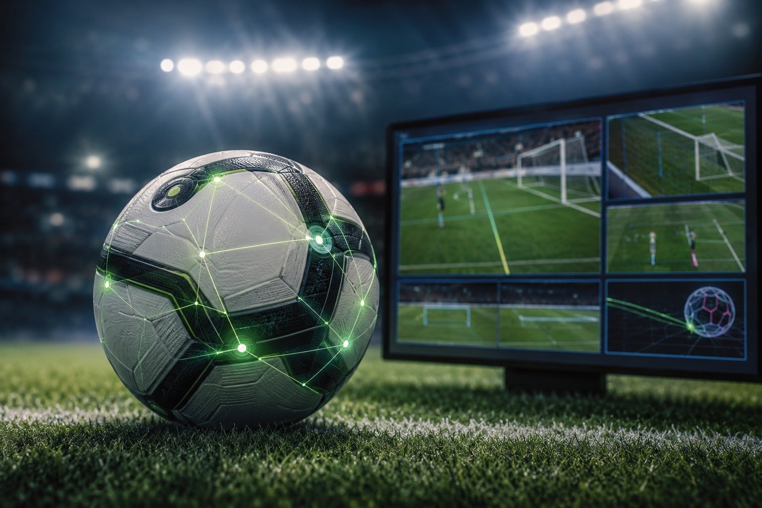Official World Cup match ball with embedded sensor technology on the pitch under stadium lights
