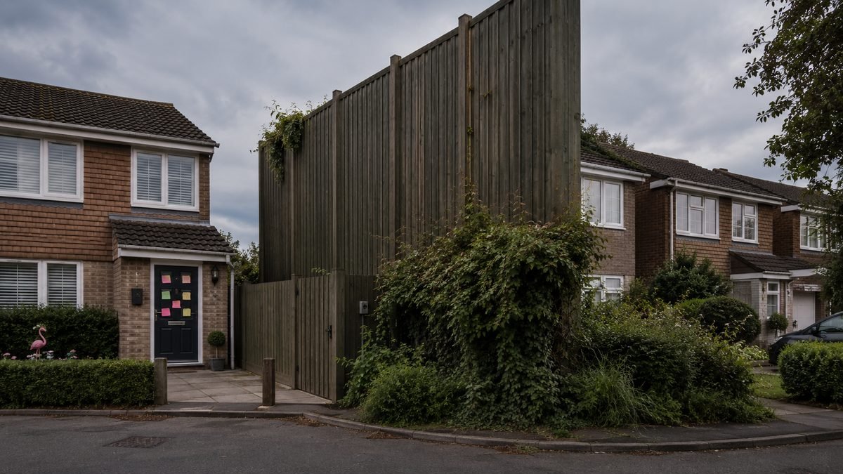 A suburban street with an enormous timber spite fence dividing two houses