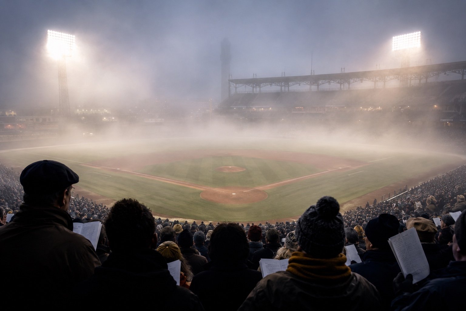 Fog drifting through the floodlights over Wrigley Field at night