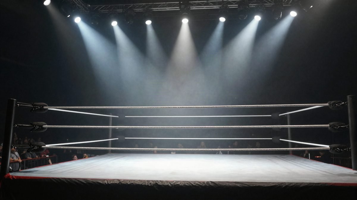 An empty wrestling ring in a large arena under spotlights