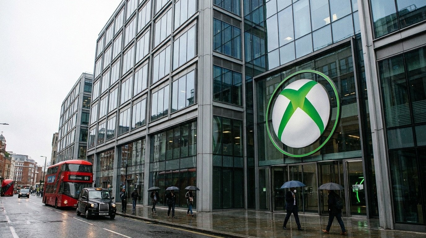 An Xbox logo on a wall outside a corporate office building